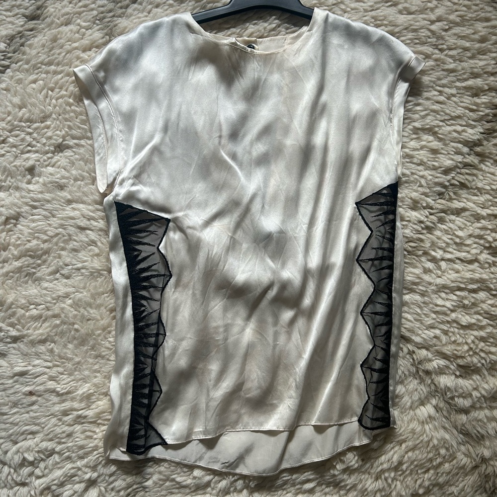 Sandro Cream Blouse with Black Zigzag Design